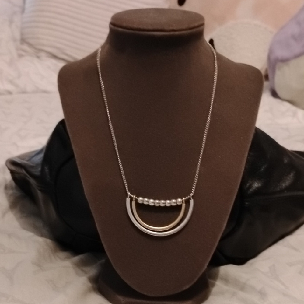 Silver and Gold Tone Arc Beads Sliding Pendant 15" Fashion  Necklace w/2.5" Ext.